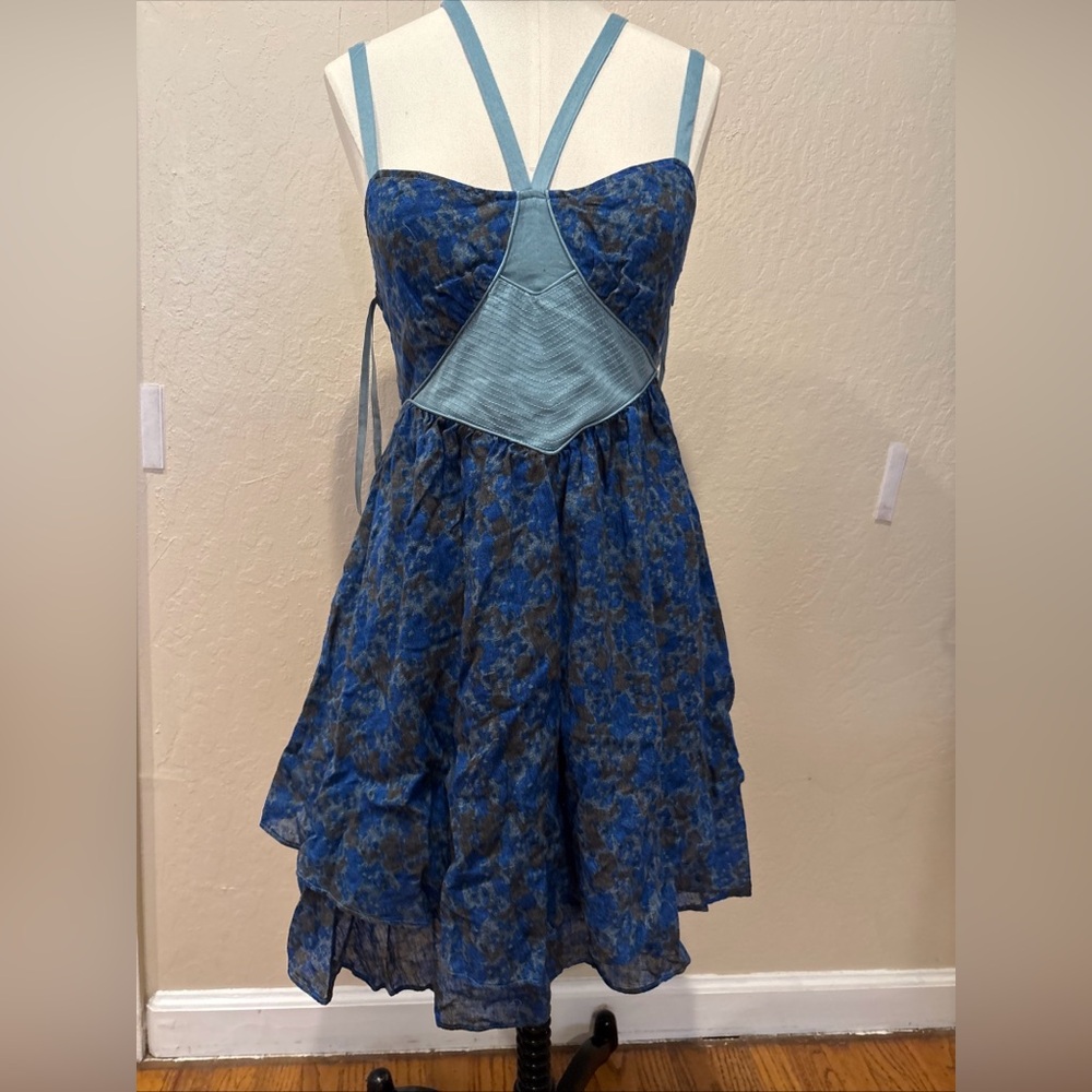 Free People Dress Blue Olive Print Unique Straps Size 4 Layered Side Zip